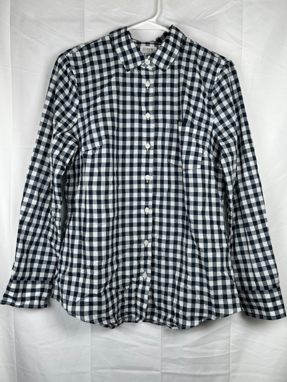 J Crew Factory Petite Gingham Blouse Medium Navy Blue Button Up Workwear